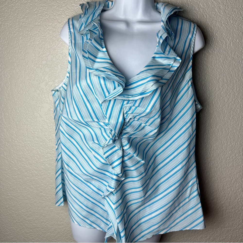Lafayette 148 New York Sleeveless Blue White Ruffle Blouse 14 silk blend